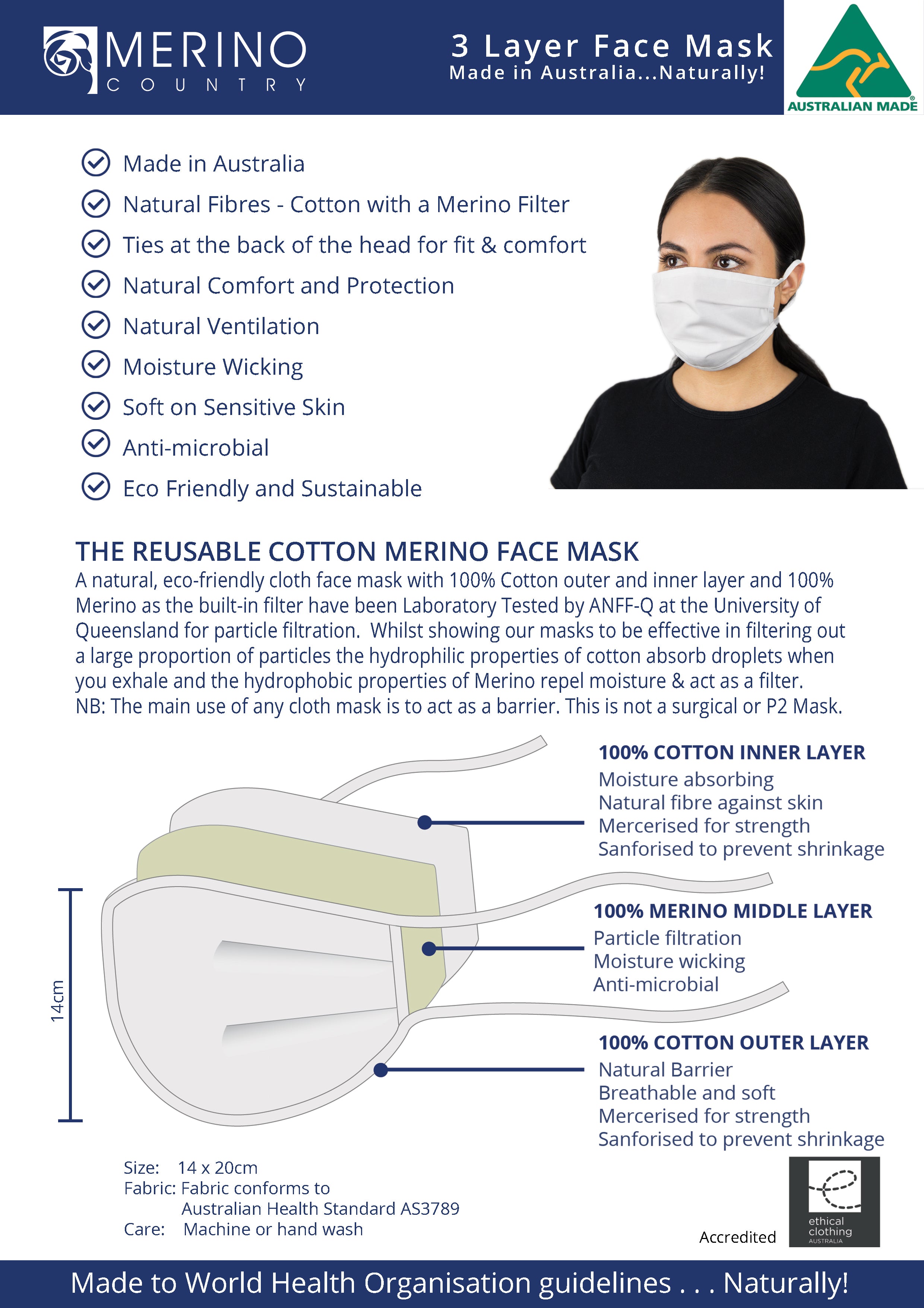 #735x10 PACK of 10 Three Layer Cotton & Merino Face Mask